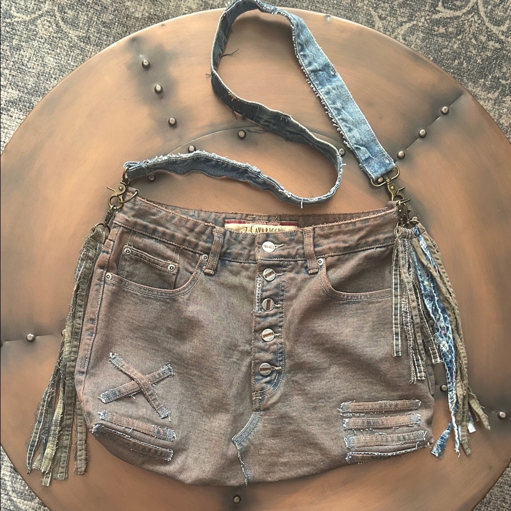 Upcycled patched vintage Z Cavaricci denim jean crossbody messenger bag purse